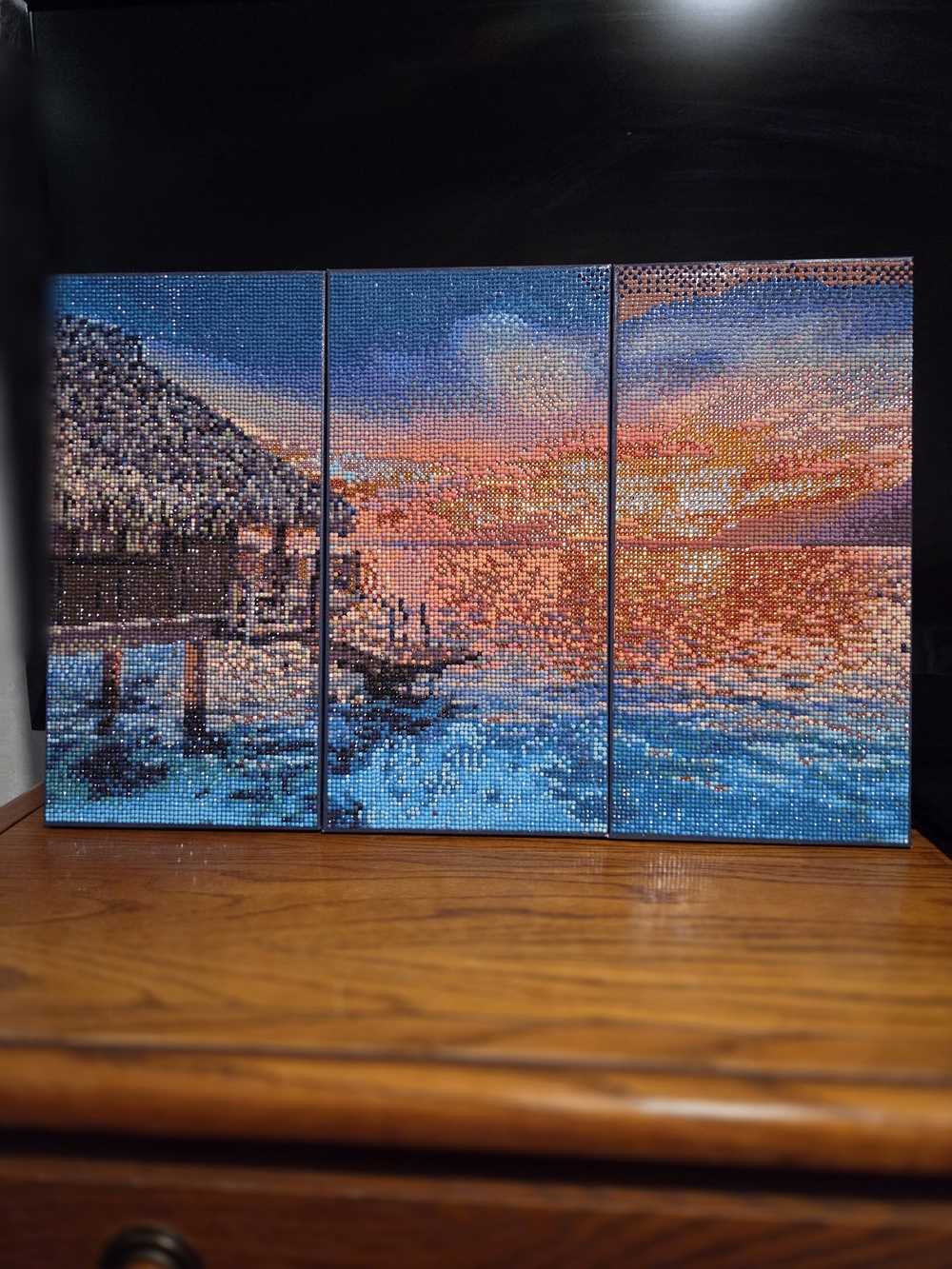 Finished Diamond Art 3 Panel Seaside Sunset Triptych Diamond Art